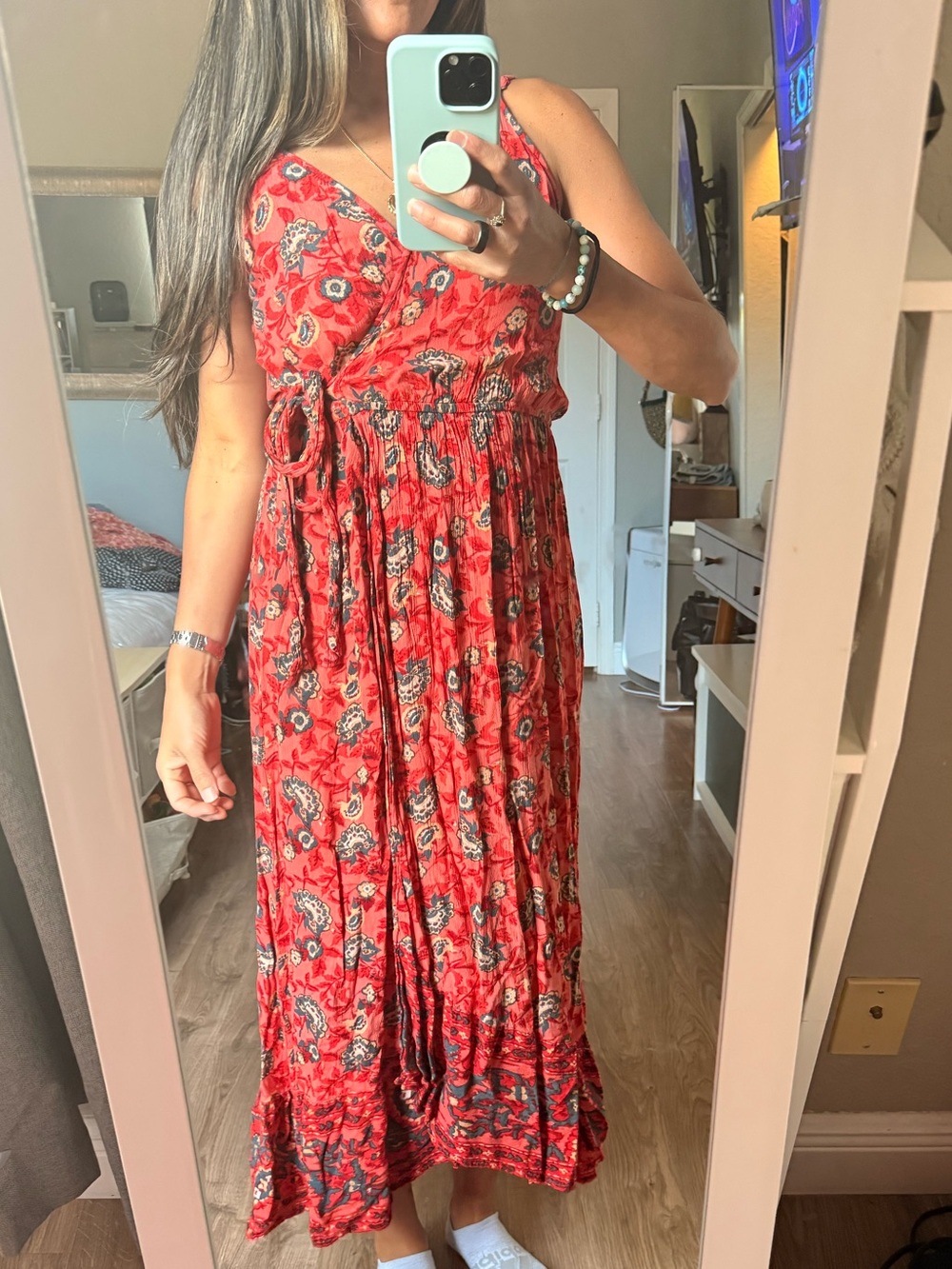Band of Gypsies Red Floral V‑Neck Maxi Dress with Tie Waist